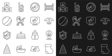 Çizgi bebek çorapları, sahte emzik, bebek arabası, plaj topu, ABC blokları ve ikon. Vektör