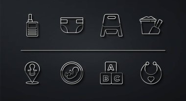 Hattı ayarla Bebek Monitörü Telsizi, sahte emzik, kürekli kum kovası, ABC blokları, emici bebek bezi, önlük ve tuvalet ikonu. Vektör