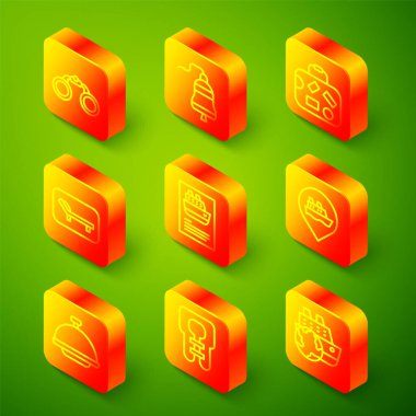 Dürbün, gemi zili, bavul, güneşlik ve şemsiye, yolcu gemisi, seyir konumu, kaplama tepsisi ve can yeleği ikonu. Vektör