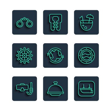 Halat dalış maskesi ve şnorkel, tepsi, filika, hindistan cevizi kokteyli, dünya çapında, direksiyon, dürbün ve lomboz ikonu ile kaplı. Vektör