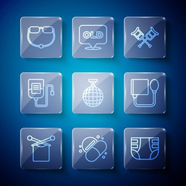 Hat örgüsü, ilaç hapı ya da tablet yetişkin bezi, koltuk değneği, disko topu, serum torbası, gözlük ve kan basıncı ikonu. Vektör