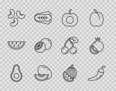 Avokado meyvesi, acı biber kabuğu, şeftali, kavun, fasulye, portakal, karpuz ve domates ikonu. Vektör
