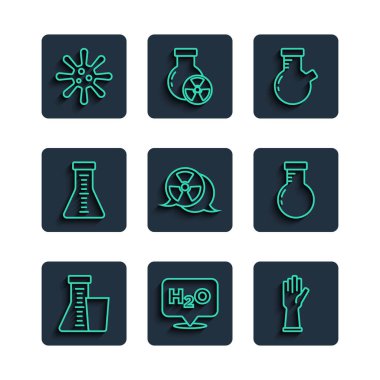 H2O 'nun kimyasal formülü, tıbbi lastik eldivenler, radyoaktif, bakteri ve ikon. Vektör