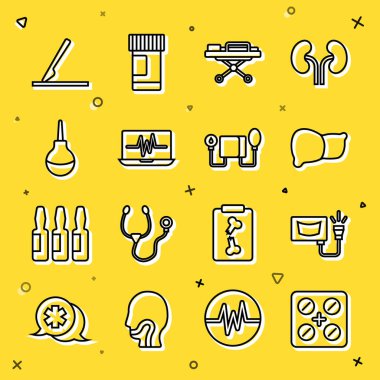 Hat haplarını su toplaması, ultrason, insan organı karaciğeri, sedye, kardiyogramlı dizüstü bilgisayar, neşter, tıbbi cerrahi neşter ve tansiyon ikonu olarak ayarla. Vektör