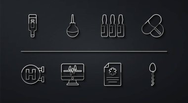 Hat dijital termometresi, hastane tabelası, ilaç hapı ya da tablet, klinik kayıt, kardiyogramlı monitör, Enema, sperm tüpü ve tıbbi ikon, ampul simgesi. Vektör