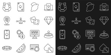 Çizgi oyunu zarları, kumarhane ruleti, elmas, limonlu kumar makinesi Joker iskambil kağıdı, yonca, at nalı ve ikon. Vektör