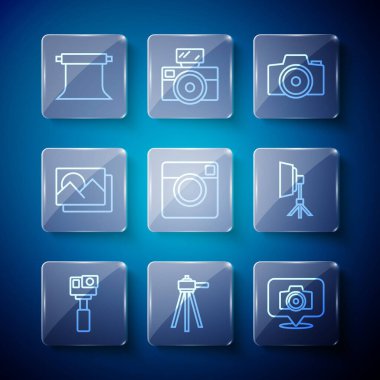 Hat çizgisi Action kamera, Tripod, fotoğraf çerçevesi, boş fotoğraf stüdyosu ve Softbox ışık ikonu. Vektör