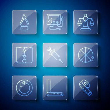 Yarıçap, köşe cetvel, mezura, adalet terazisi, şırınga, derinlik ölçümü, pusula çizme ve daire parçaları simgesi belirle. Vektör