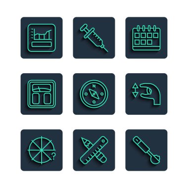 Satır Çemberi, Çapraz cetvel ve kalem, Ölçüm kaşığı, Takvim, Pusula, Banyo pulları, Grafik, çizelge, diyagram ve Approximate ölçüm simgesi. Vektör