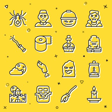 Yakıcı mum, kamp feneri RIP yazılı Tombstone şeker için balkabağı sepeti tuvalet kağıdı rulosu sihirli değnek ve şişe ikonu. Vektör