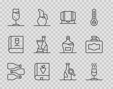 Şarap şişeleri, şarap tatma, deguasyon, tahta fıçı, üzümler, cam ve karton kutu ikonu hakkında kitap. Vektör