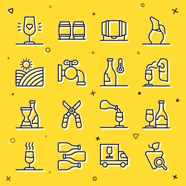 Çizgi üzümler, camlı şarap şişesi, şarap garsonu, şarap fıçısı şarap, musluk, üzüm bağları ve sıcaklık ikonu. Vektör