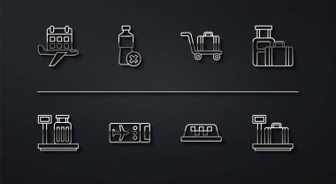Takvim ve uçak ayarlayın, bavullu tartı, bavul, taksi arabası çatısı, uçak bileti, su şişesi yok, ve Trolley bagaj ikonu. Vektör