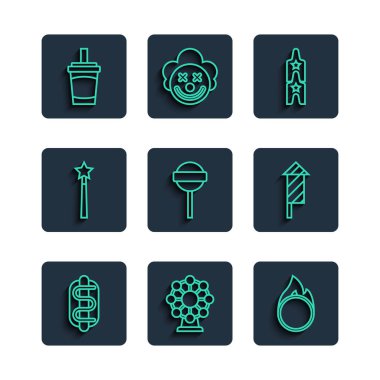 Hotdog sandviçi, dönme dolap, Circus ateş çemberi, bilet, lolipop, sihirli değnek, su ve havai fişek ikonlu kağıt bardak. Vektör