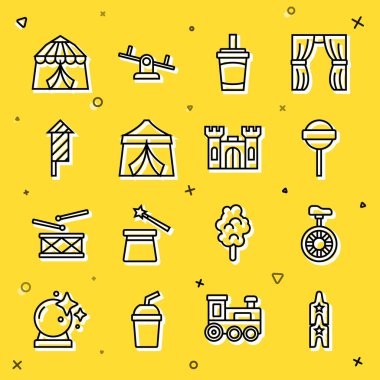 Sirk bileti, tek tekerlekli bisiklet, lolipop, su, çadır, havai fişek roketi ve kale ikonlu kağıt bardak. Vektör