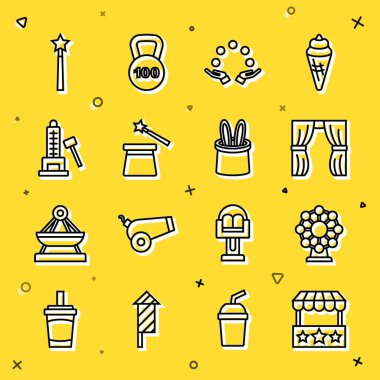 Bilet gişesi, dönme dolap, sirk perdesi, hokkabazlık topu, sihirli şapka ve değnek, çekiçli Striker cazibesi ve sihirli tavşan kulağı ikonu. Vektör