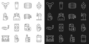 Metal bira fıçısı, Dispenser, tahta fıçı, paket şişeleri, kupa, çatal ve ikona sosis koyun. Vektör