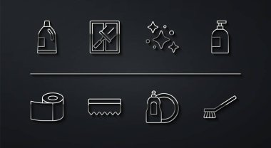 Temizlik malzemesi, tuvalet kağıdı rulosu, bulaşık deterjanı, sünger, lastik temizleme pencereleri, fırça ve ev servisi ikonu. Vektör