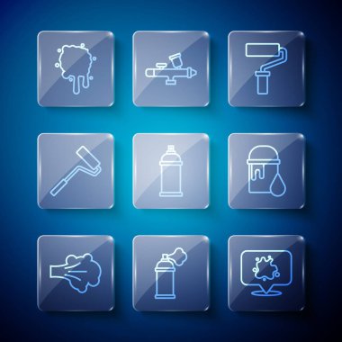 Çizgi boyası spreyi, kutu, paten fırçası ve kova ikonu. Vektör