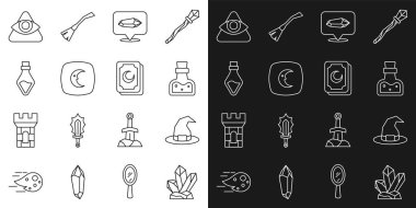 Sihirli taş, cadı şapkası, iksirli şişe, ay ve yıldızlar, Tanrı 'nın Gözü ve Tarot kartları ikonu. Vektör