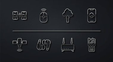 Hat aktarımı ve depolama, uydu, bulut teknolojisi verisi, Wi-fi sinyali, hava kulaklığı, kablosuz bilgisayar faresi, telsiz konuşma ve ikon yükle. Vektör