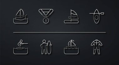 Yat yelkenlisi, su kayakçısı, kano ve kürek, sörf tahtası, madalya, dalgıç kıyafeti ve rüzgar sörfü ikonu. Vektör