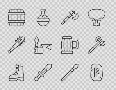Eski Viking çizmeleri, Sihirli mühür, tahta balta, Ortaçağ kılıcı, fıçı, mızrak ve kutup balta ikonu. Vektör