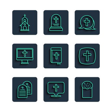 Kutsal kitap, kilise binası, Paskalya pastası, Hıristiyan haçı, monitör, kilise ve ikon. Vektör