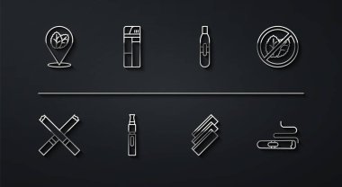 Sabit çizgi tütün yaprağı, sigara, tütün yok, rulo kağıtlar, elektronik sigara, çakmak ve ikon. Vektör