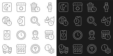 Çizgi Çizgisi Zaman Yönetimi, Takvim ve Saat, Borsa büyüme grafikleri, Zaman kaybı, Alarm uygulaması mobil, Dünya, Ay yıldızları ve ikonlu büyüteç. Vektör