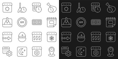 Saati ayarla, takvim kışı, ve, Sabah Saati, Günbatımı, yaz ve dijital alarm simgesi. Vektör