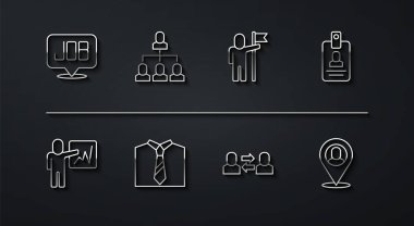 Satır Arama işini ayarla, yöneticilerin lideri, kimlik kartı, takas işi, kravat, işçi hiyerarşisi, işçi konumu ve bayrak simgesi tutan adam. Vektör