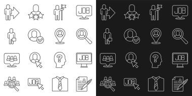 Özgeçmiş, arama işi, arama büyüteç, bayrak tutan adam, işçi, iş adamı, yönetici ve konum ikonu takımının lideri. Vektör