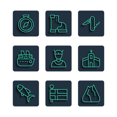 Fish, İzlanda Bayrağı, Dağlar, İsviçre çakısı, Viking kafası, gezi gemisi, pusula ve kilise ikonu. Vektör