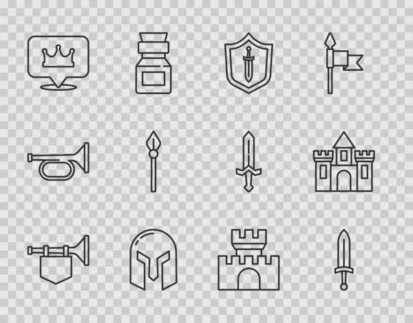 Set Line Trumpet Flag Medieval Sword Shield Iron Helmet Location — Image vectorielle