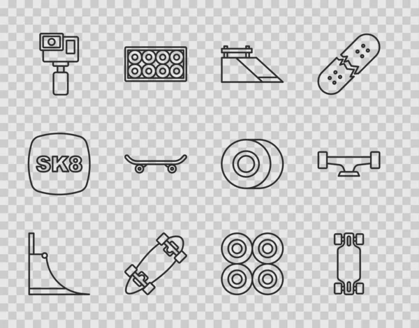 集直线滑板公园 长板或滑板 动作相机 车轮和图标为一体 — 图库矢量图片
