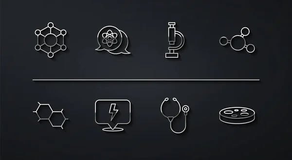 Set Lijn Molecule Chemische Formule Stethoscoop Bliksemschicht Atom Petrischaal Met — Stockvector