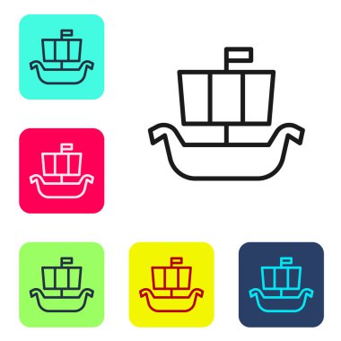 Siyah çizgi Antik Viking İskandinav Drakkar ikonu beyaz arka planda izole edildi. Viking nakliye gemisi. Renkli kare düğmelerle simgeleri ayarla. Vektör