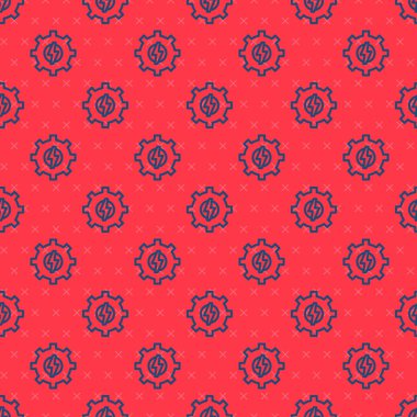 Mavi çizgi dişli ve şimşek ikonu kırmızı arkaplanda izole edilmiş kusursuz desen. Elektrik gücü. Şimşek işareti. Vektör