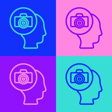 Pop sanat çizgisi fotoğraf makinesi ikonu renk arkaplanında izole edildi. Foto kamera. Dijital fotoğrafçılık. Vektör