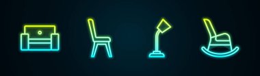 Koltuk, sandalye, masa lambası ve sallanma ayarları. Parlayan neon ikonu. Vektör