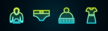 Çizgili kapüşonlu, erkek donu, Beanie şapkası ve kadın elbisesi. Parlayan neon ikonu. Vektör