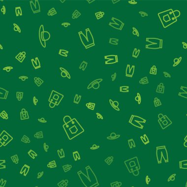 Şık kadın şapkası, el çantası ve pantolonu kusursuz desenlere ayarlayın. Vektör