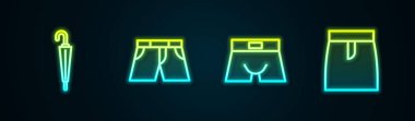 Şemsiye, kısa pantolon, erkek iç çamaşırı ve etek. Parlayan neon ikonu. Vektör