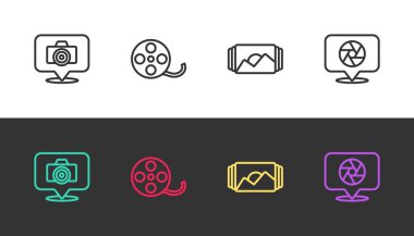 Fotoğraf makinesi, film makarası, çerçeve ve kamera panjurunu siyah beyaz ayarla. Vektör