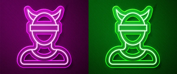 Glowing Neon Line Viking Head Icon Isolated Purple Green Background — Vector de stock