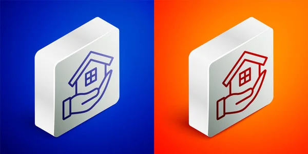 Linea Isometrica Icona House Hand Isolata Sfondo Blu Arancione Concetto — Vettoriale Stock