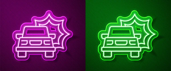 Светящийся Неоновая Линия Автокатастрофа Значок Изолирован Фиолетовом Зеленом Фоне Концепция — стоковый вектор