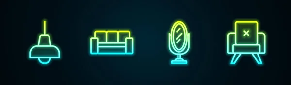 Nastavit Čáru Zavěšení Lampy Pohovka Zrcadlo Křeslo Zářící Neonová Ikona — Stockový vektor