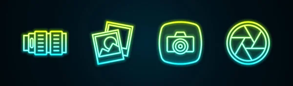 Set Line Camera Photo Lens Photo Frame Camera Shutter Glowing — Vetor de Stock